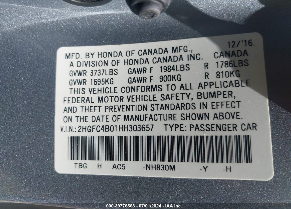 2017 HONDA CIVIC LX-P VIN: 2HGFC4B01HH303657