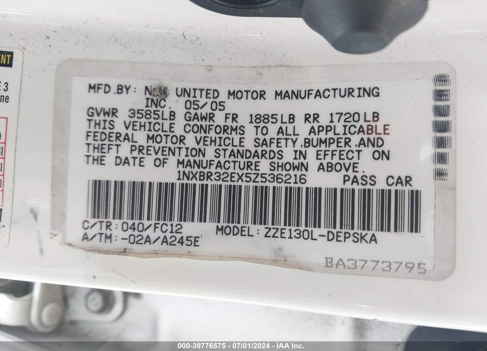 2005 TOYOTA COROLLA S VIN: 1NXBR32EX5Z536216