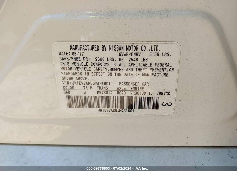 2018 INFINITI Q50 3.0T LUXE VIN: JN1EV7AR6JM431601