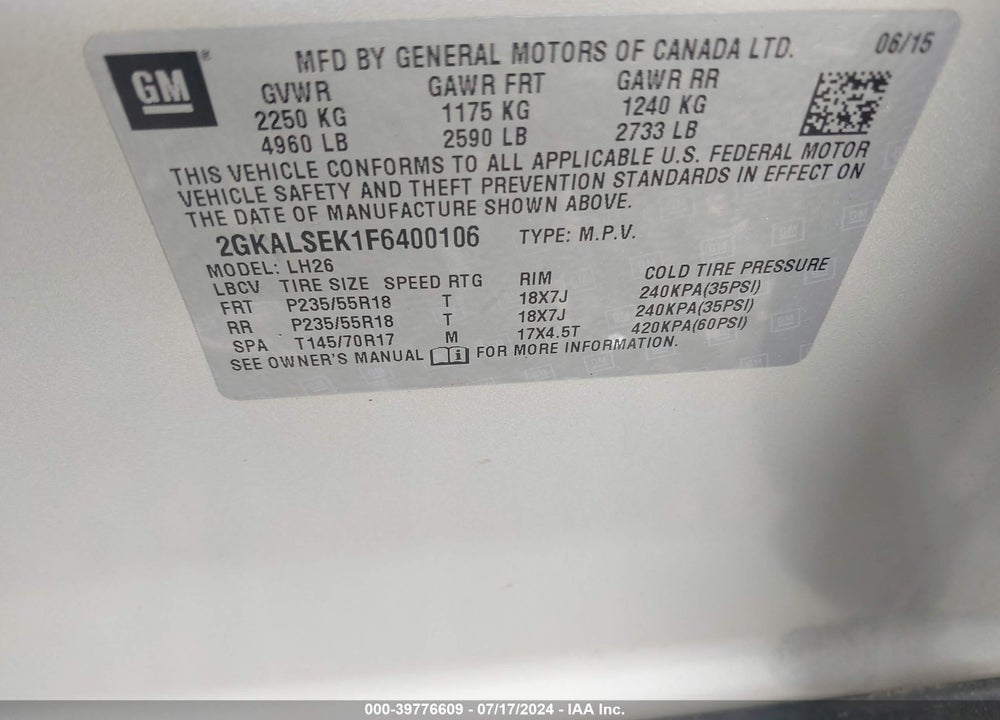 2015 GMC TERRAIN SLT-1 VIN: 2GKALSEK1F6400106