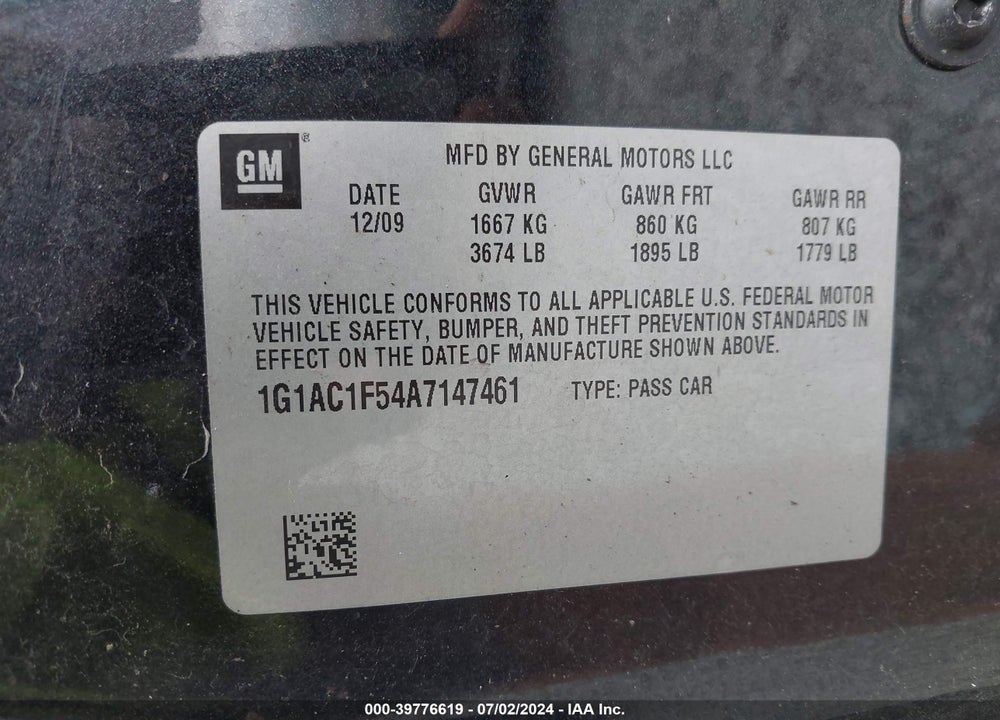 2010 CHEVROLET COBALT LT VIN: 1G1AC1F54A7147461