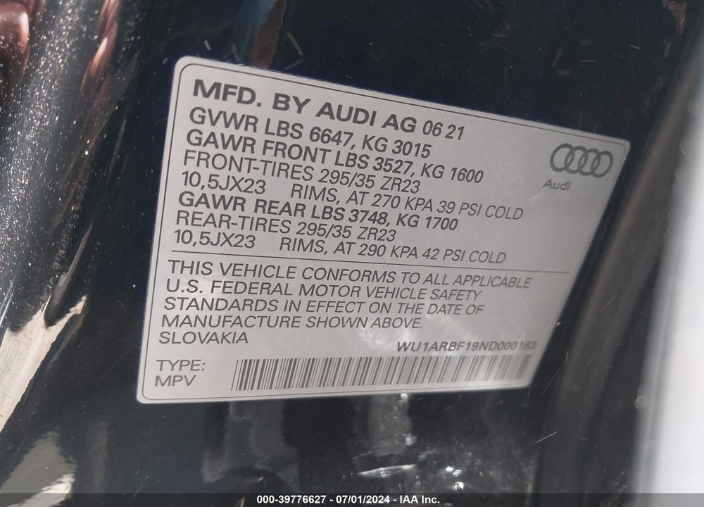 2022 AUDI RS Q8 TFSI QUATTRO TIPTRONIC VIN: WU1ARBF19ND000183
