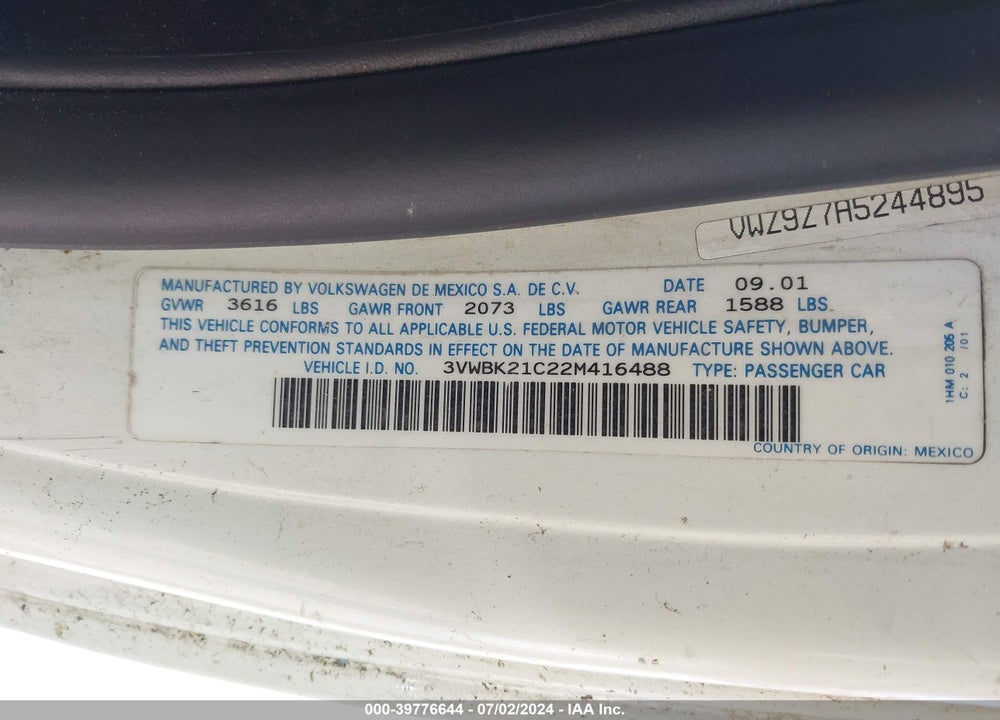 2002 VOLKSWAGEN NEW BEETLE GL VIN: 3VWBK21C22M416488