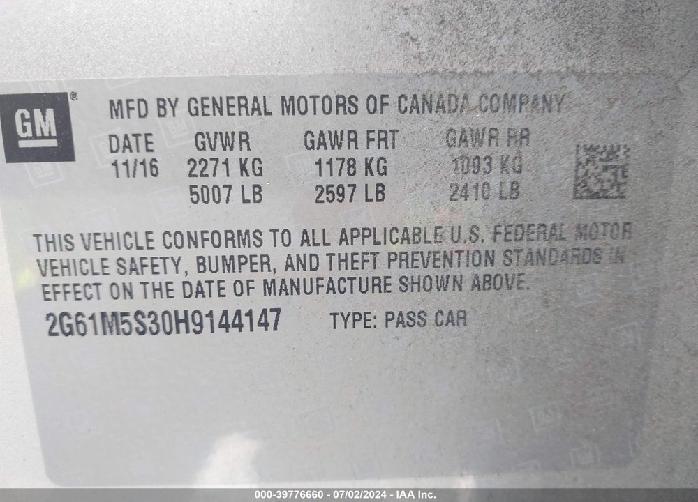 2017 CADILLAC XTS LUXURY VIN: 2G61M5S30H9144147