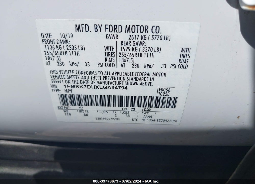 2020 FORD EXPLORER XLT VIN: 1FMSK7DHXLGA94794