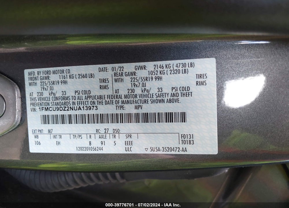 2022 FORD ESCAPE TITANIUM HYBRID VIN: 1FMCU9DZ2NUA13973