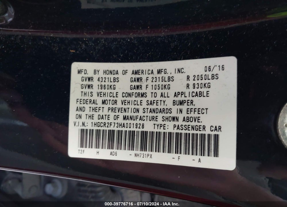 2017 HONDA ACCORD EX VIN: 1HGCR2F73HA001928