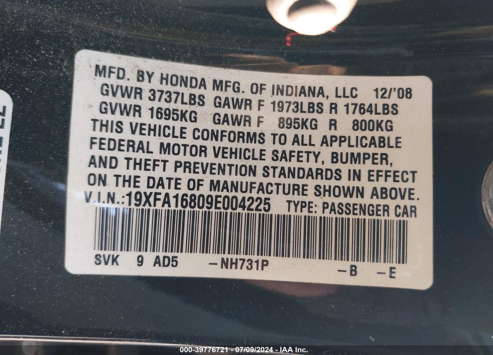 2009 HONDA CIVIC VIN: 19XFA16809E004225