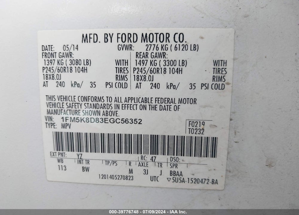 2014 FORD EXPLORER XLT VIN: 1FM5K8D83EGC56352
