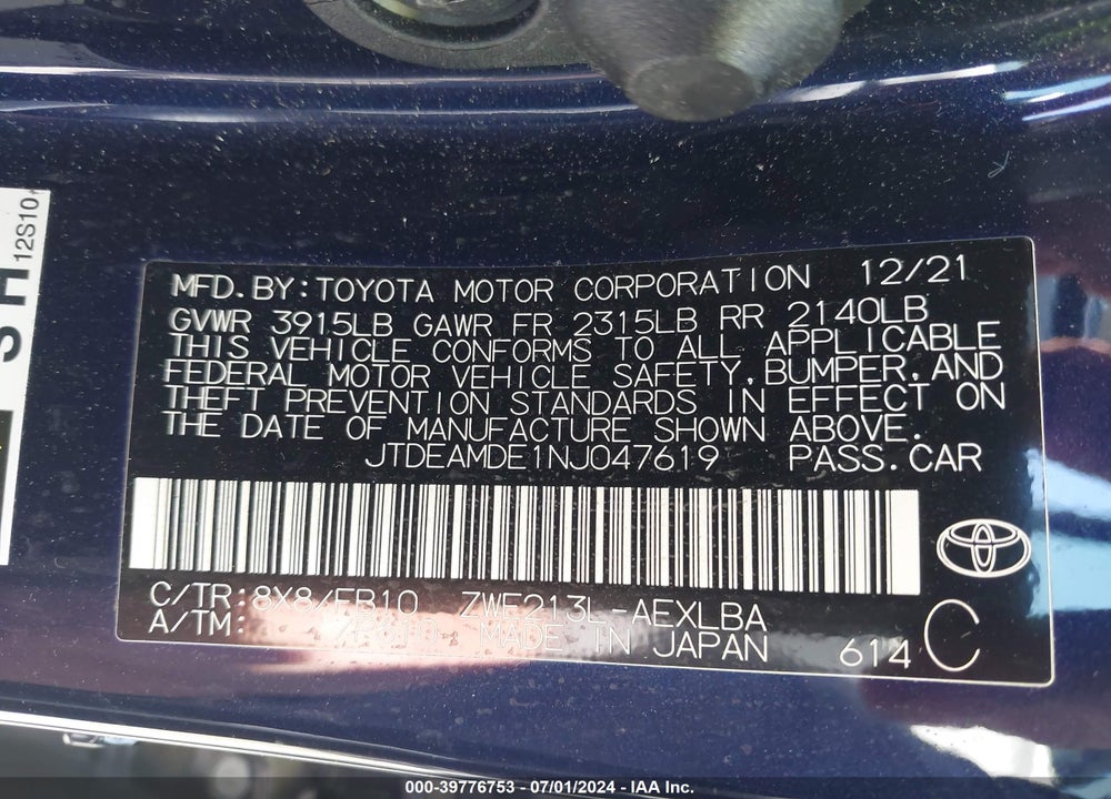 2022 TOYOTA COROLLA HYBRID LE VIN: JTDEAMDE1NJ047619