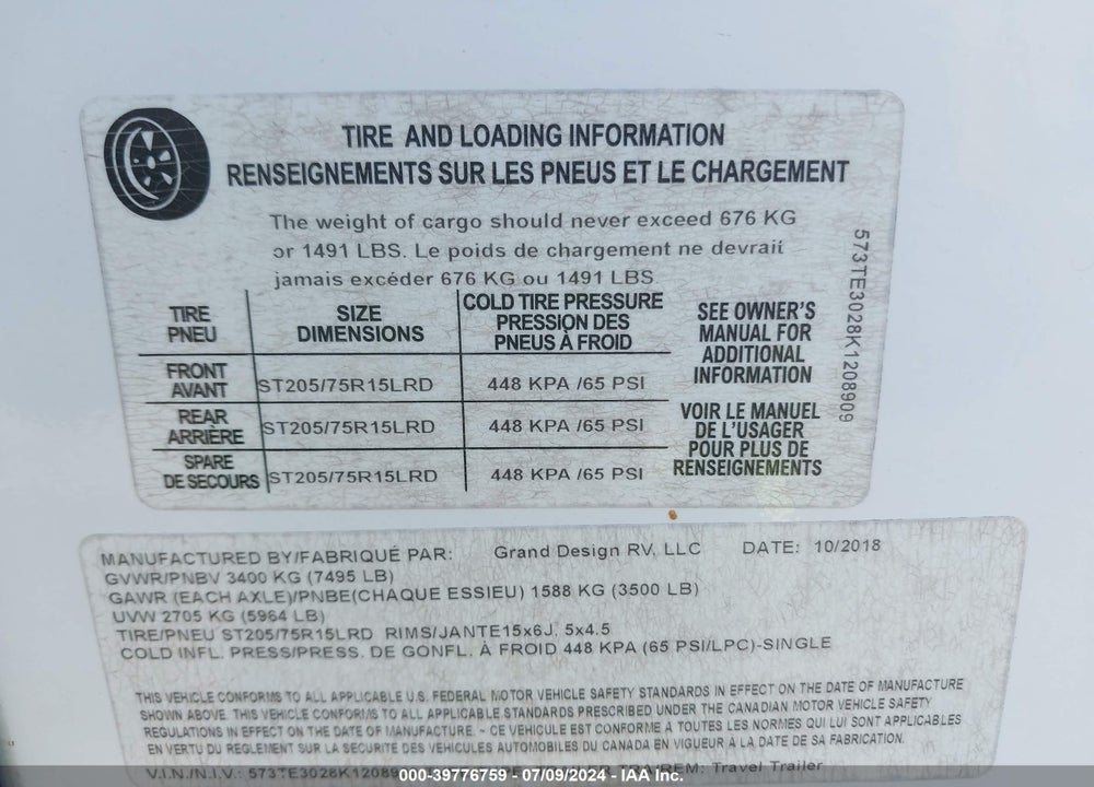 2019 GRAND DESIGN IMAGINE 2500RL VIN: 573TE3028K1208909