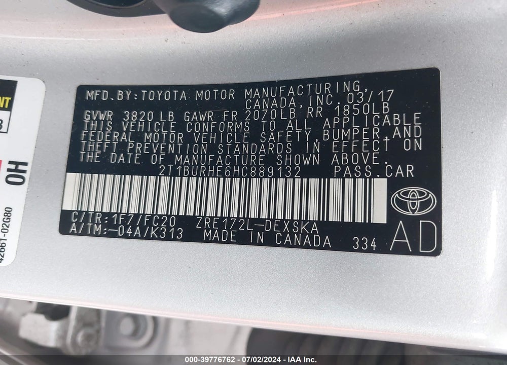 2017 TOYOTA COROLLA SE VIN: 2T1BURHE6HC889132