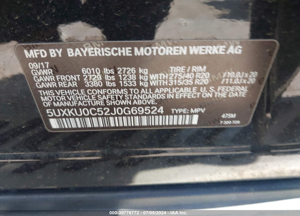 2018 BMW X6 SDRIVE35I VIN: 5UXKU0C52J0G69524