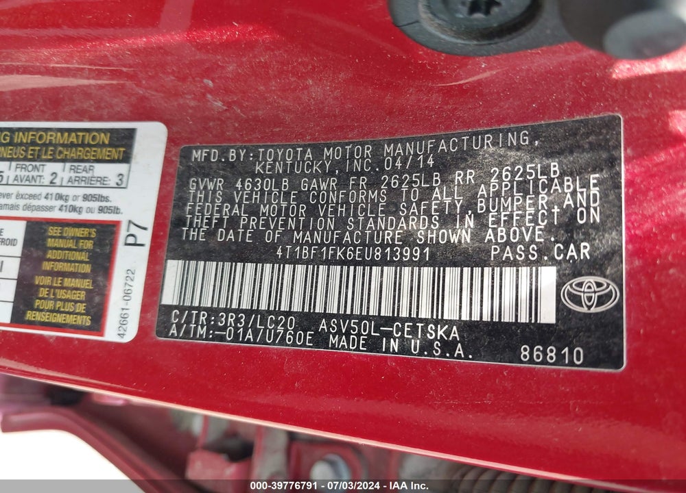 2014 TOYOTA CAMRY SE VIN: 4T1BF1FK6EU813991