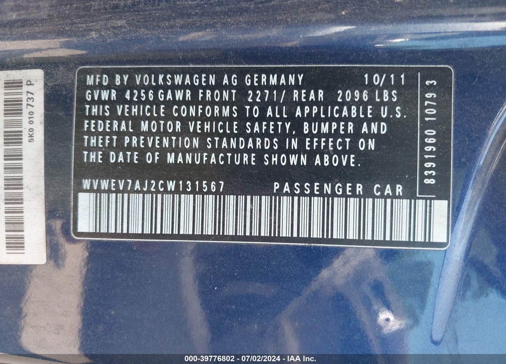2012 VOLKSWAGEN GTI 2-DOOR VIN: WVWEV7AJ2CW131567