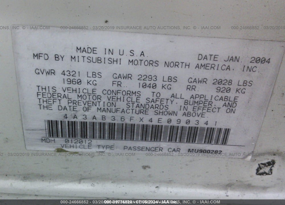 2004 MITSUBISHI GALANT ES VIN: 4A3AB36FX4E090341