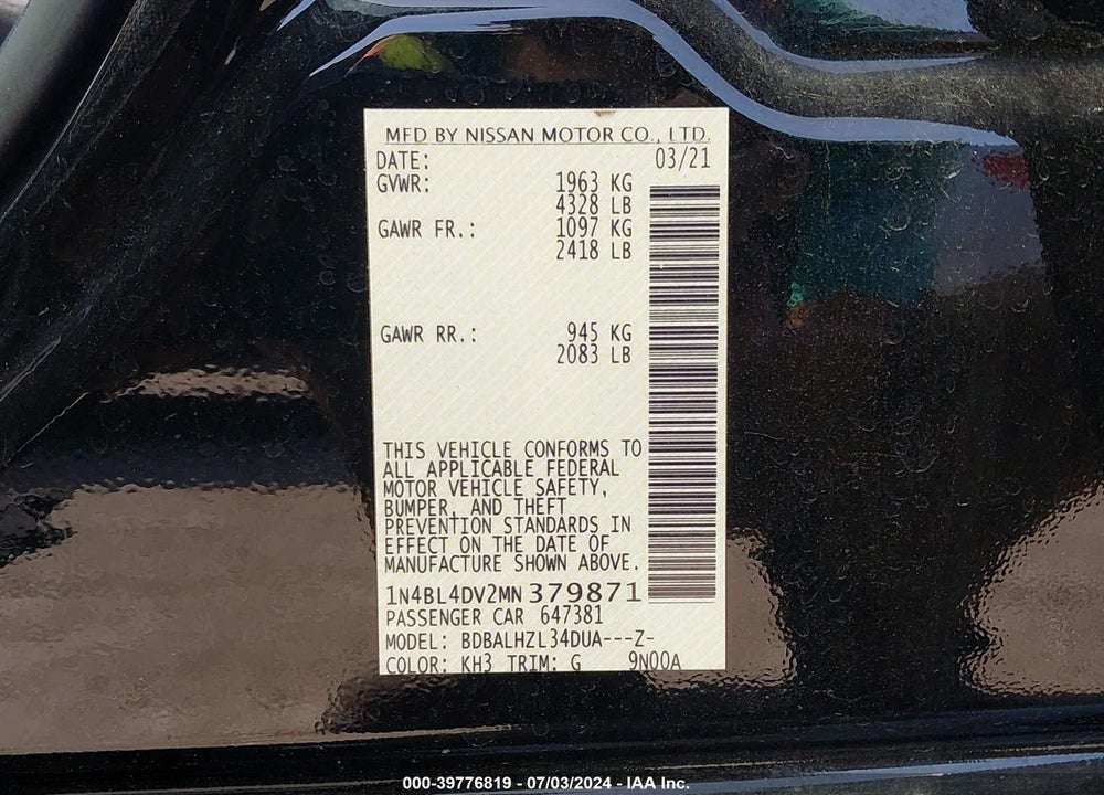 2021 NISSAN ALTIMA SV FWD VIN: 1N4BL4DV2MN379871