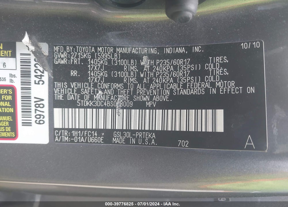 2011 TOYOTA SIENNA LE V6 VIN: 5TDKK3DC4BS088009