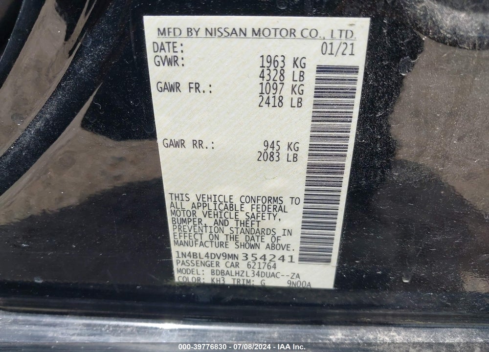 2021 NISSAN ALTIMA VIN: 1N4BL4DV9MN354241