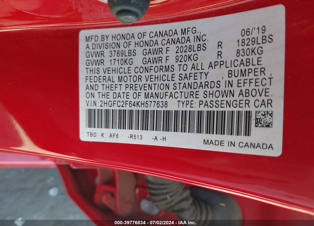 2019 HONDA CIVIC LX VIN: 2HGFC2F64KH577638