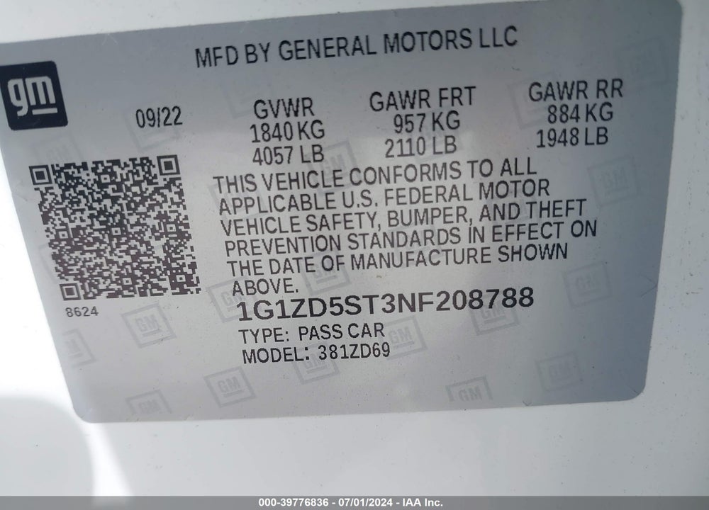 2022 CHEVROLET MALIBU FWD LT VIN: 1G1ZD5ST3NF208788