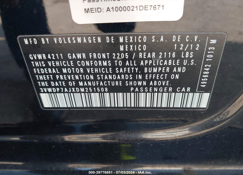 2013 VOLKSWAGEN JETTA 2.5L SE VIN: 3VWDP7AJXDM251508