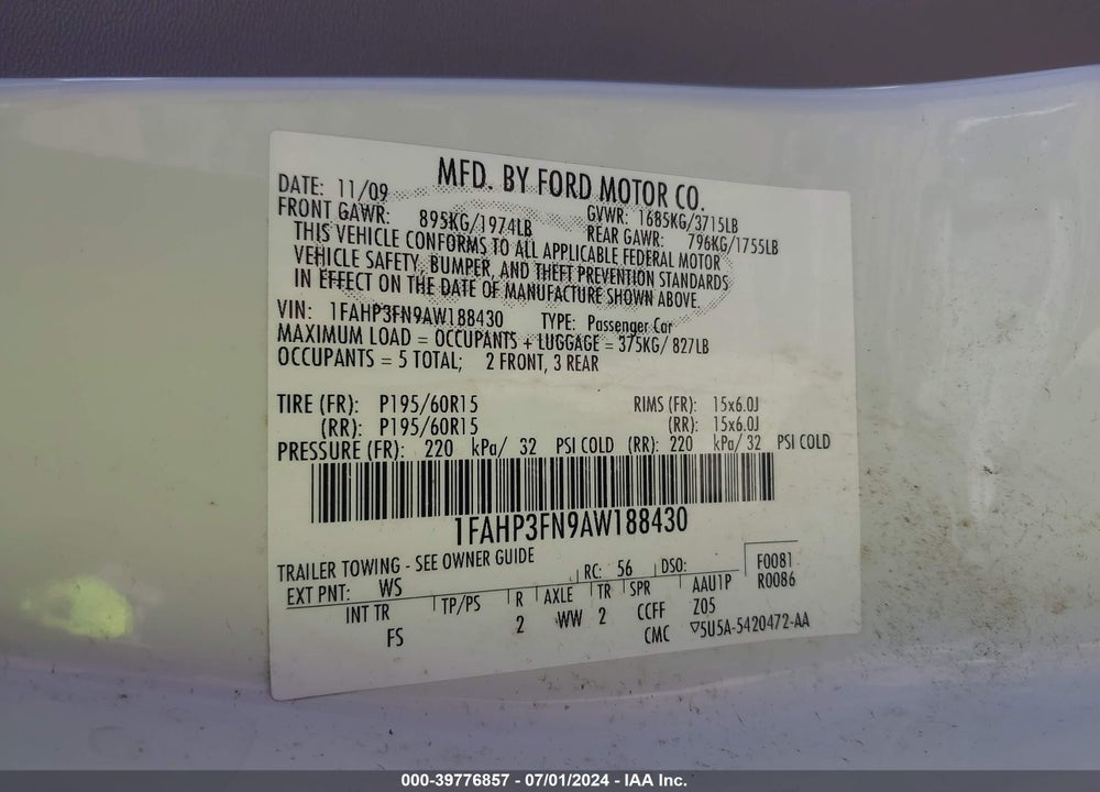 2010 FORD FOCUS SE VIN: 1FAHP3FN9AW188430