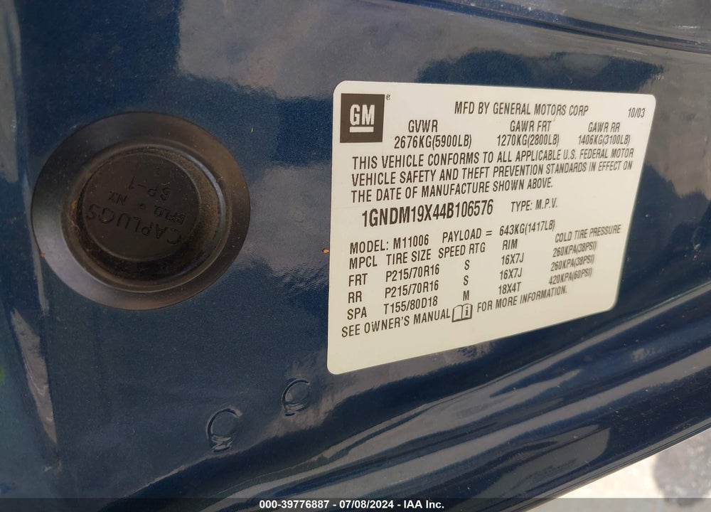 2004 CHEVROLET ASTRO VIN: 1GNDM19X44B106576