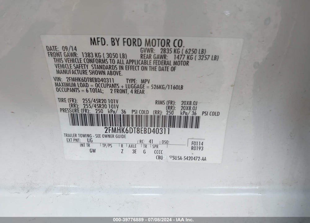 2014 FORD FLEX LIMITED VIN: 2FMHK6DT8EBD40311