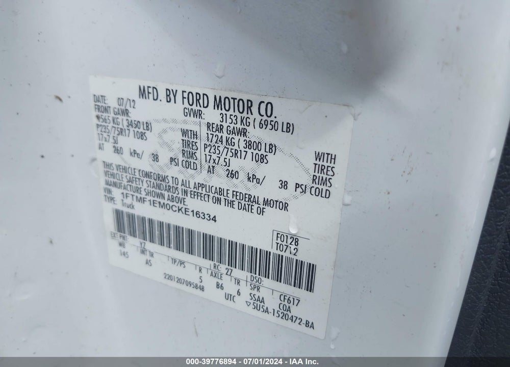 2012 FORD F-150 XL VIN: 1FTMF1EM0CKE16334