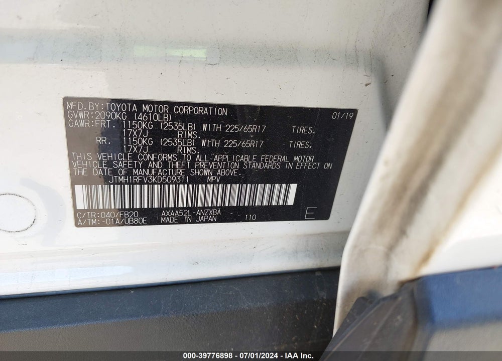 2019 TOYOTA RAV4 LE VIN: JTMH1RFV3KD509311