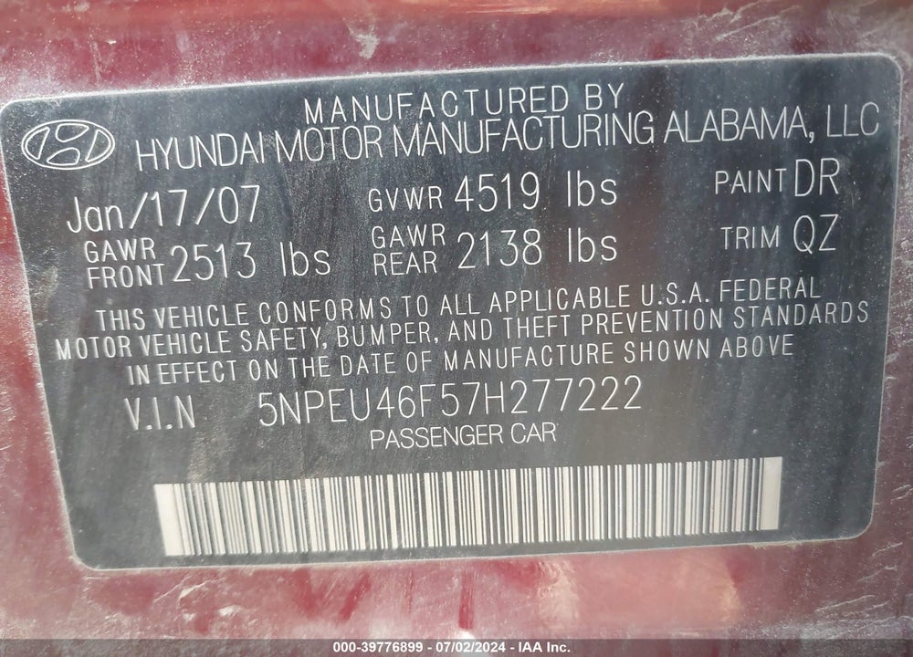 2007 HYUNDAI SONATA LIMITED/SE V6 VIN: 5NPEU46F57H277222