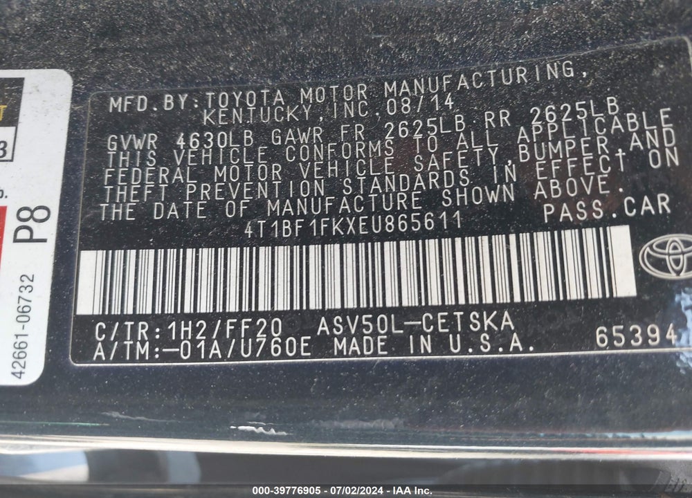 2014 TOYOTA CAMRY SE SPORT VIN: 4T1BF1FKXEU865611