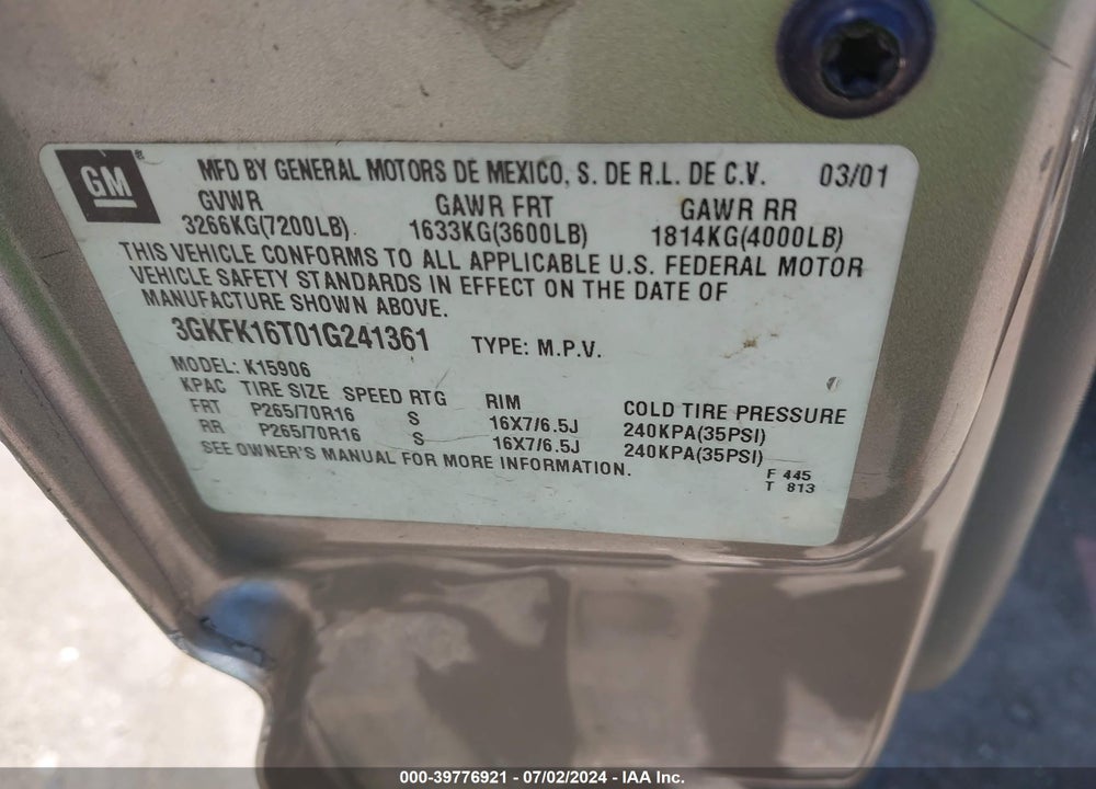 2001 GMC YUKON XL 1500 SLT VIN: 3GKFK16T01G241361
