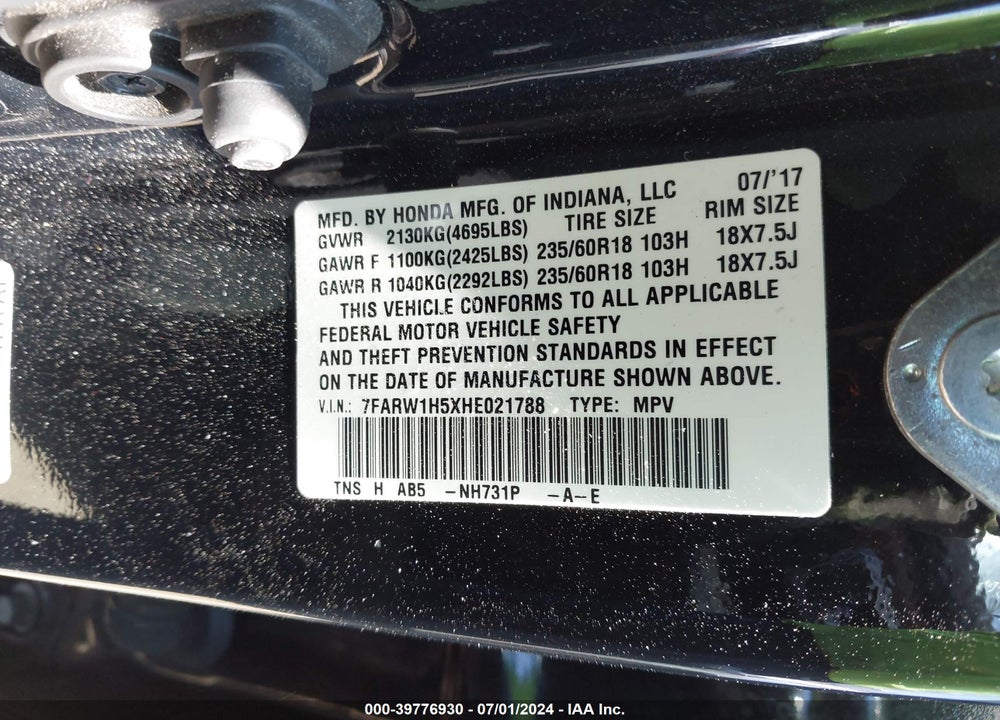 2017 HONDA CR-V EX VIN: 7FARW1H5XHE021788
