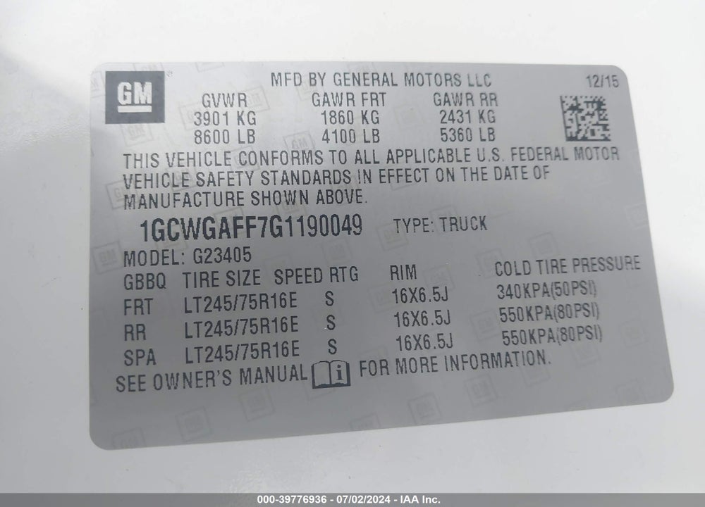 2016 CHEVROLET EXPRESS 2500 WORK VAN VIN: 1GCWGAFF7G1190049