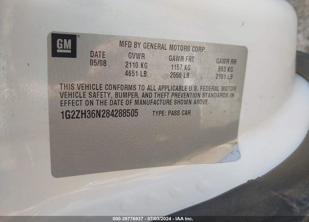 2008 PONTIAC G6 GT VIN: 1G2ZH36N284288505