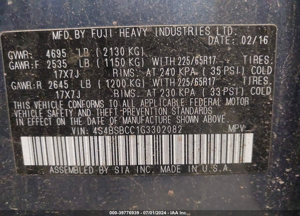 2016 SUBARU OUTBACK 2.5I PREMIUM VIN: 4S4BSBCC1G3302082