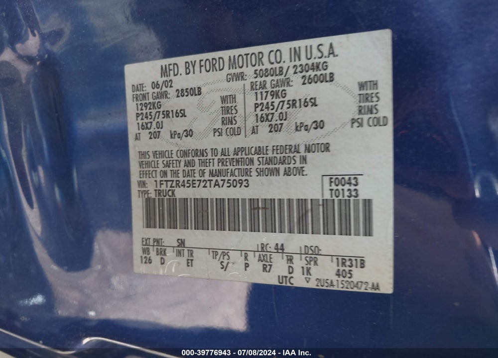 2002 FORD RANGER EDGE/XLT VIN: 1FTZR45E72TA75093