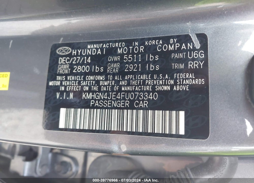 2015 HYUNDAI GENESIS 3.8 VIN: KMHGN4JE4FU073340