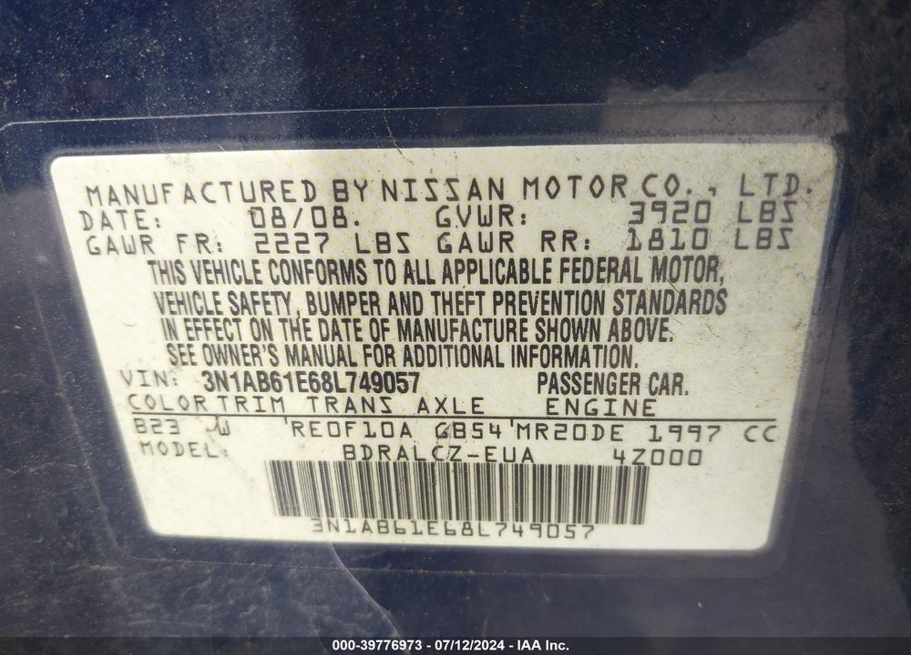 2008 NISSAN SENTRA 2.0 VIN: 3N1AB61E68L749057