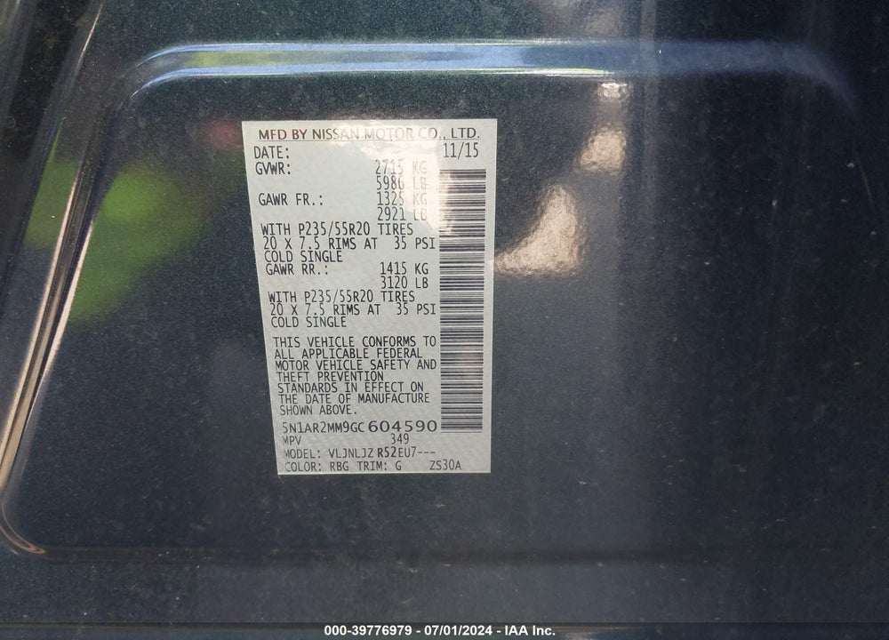 2016 NISSAN PATHFINDER PLATINUM VIN: 5N1AR2MM9GC604590