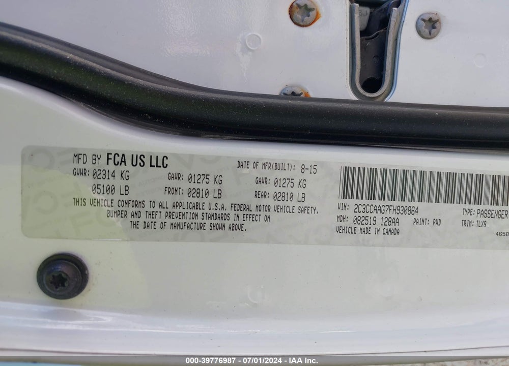2015 CHRYSLER 300 LIMITED VIN: 2C3CCAAG7FH930864