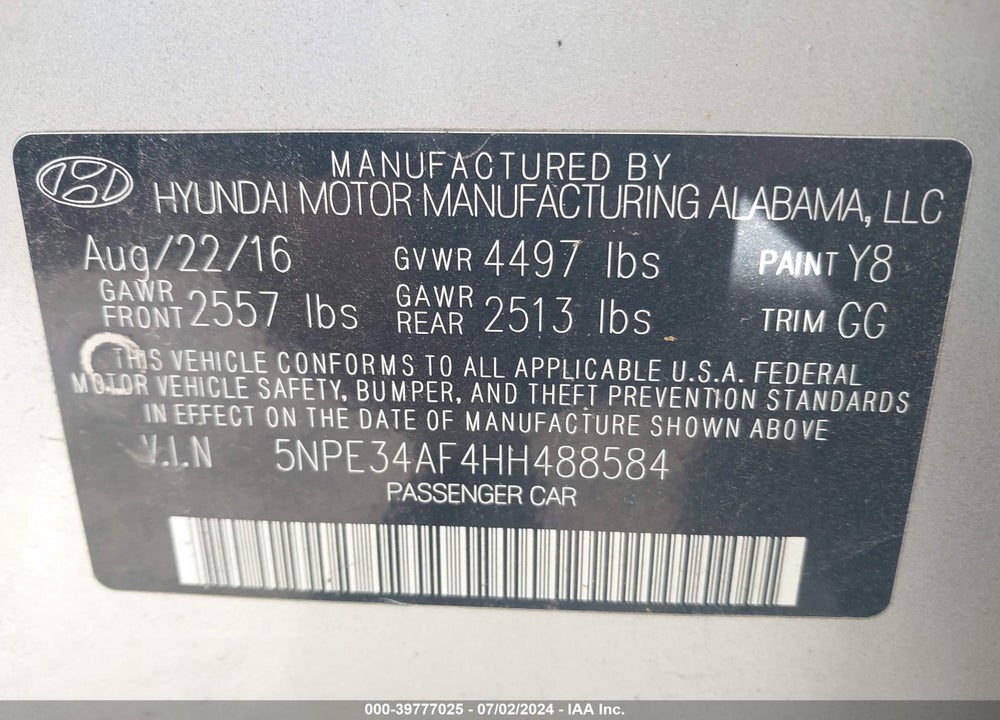 2017 HYUNDAI SONATA SPORT VIN: 5NPE34AF4HH488584