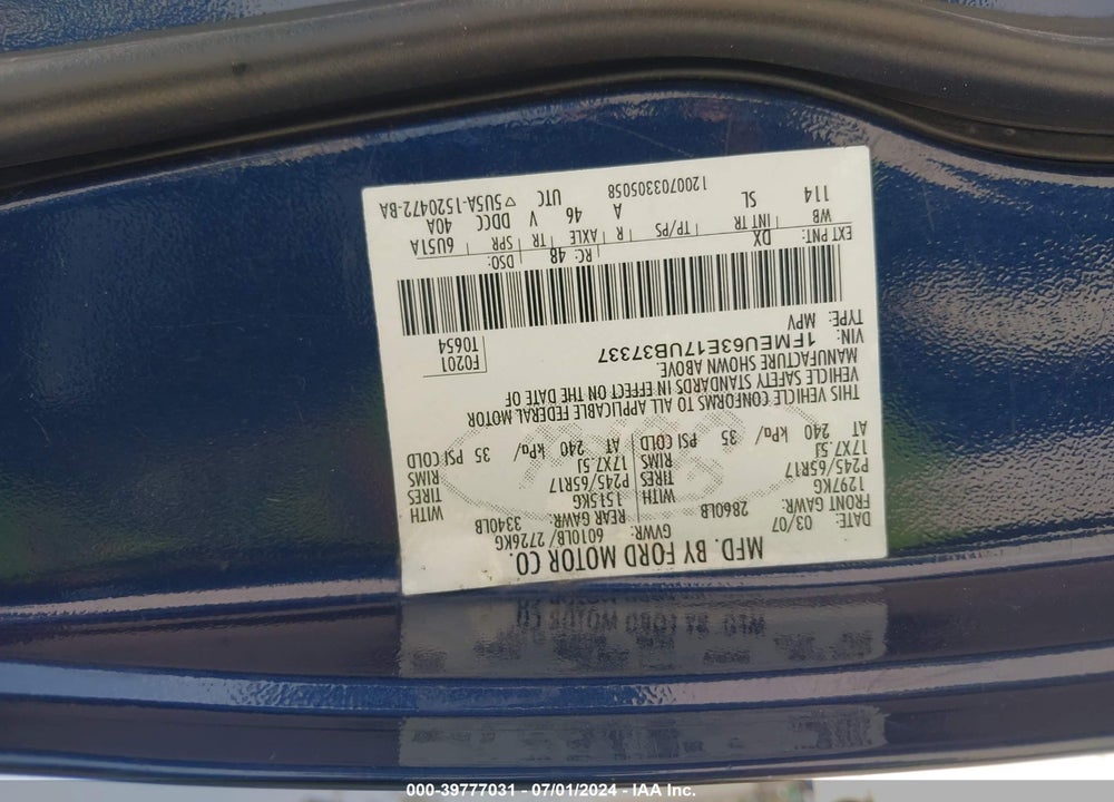 2007 FORD EXPLORER XLT VIN: 1FMEU63E17UB37337