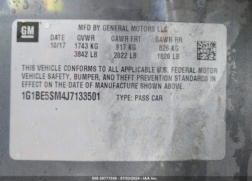 2018 CHEVROLET CRUZE LT AUTO VIN: 1G1BE5SM4J7133501