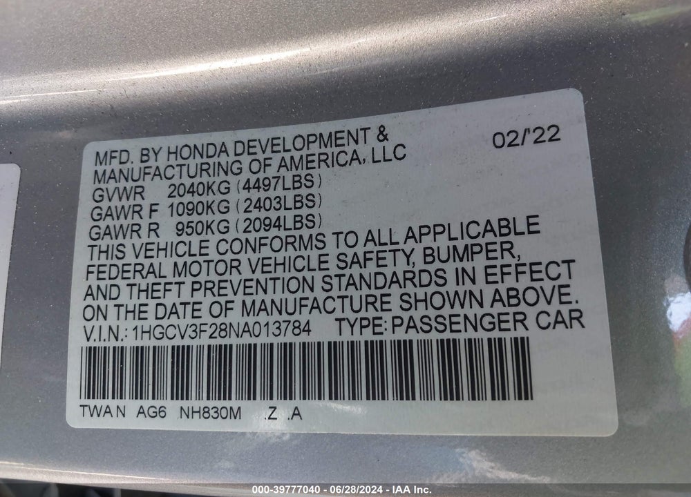 2022 HONDA ACCORD HYBRID SPORT VIN: 1HGCV3F28NA013784