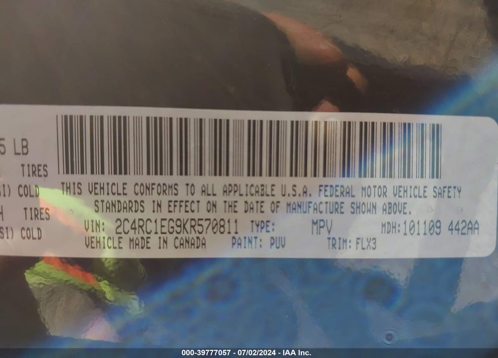 2019 CHRYSLER PACIFICA TOURING L PLUS VIN: 2C4RC1EG9KR570811