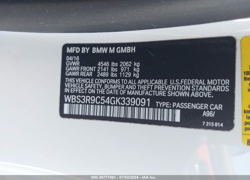 2016 BMW M4 VIN: WBS3R9C54GK339091