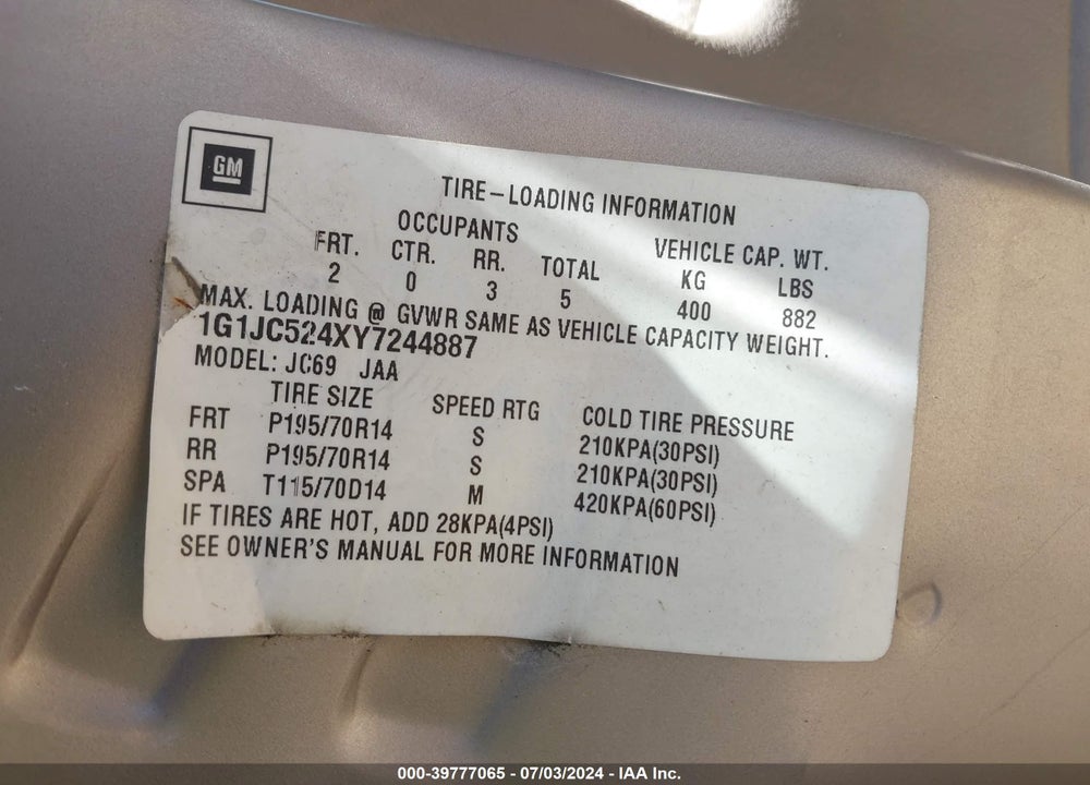 2000 CHEVROLET CAVALIER VIN: 1G1JC524XY7244887
